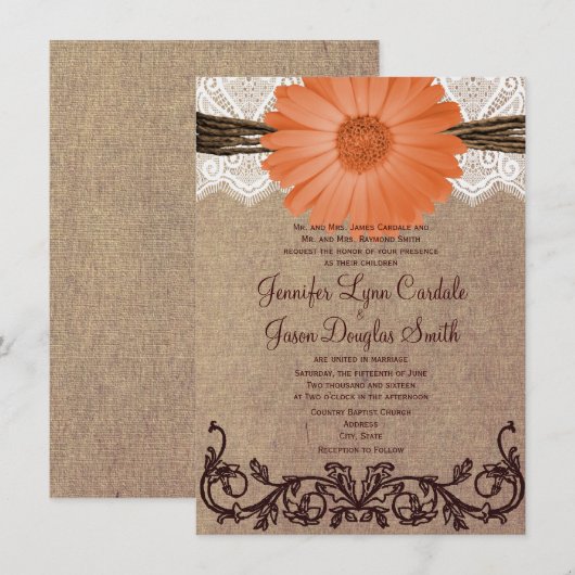 Rustikaler Pfirsich-korallenrote Einladung (Vorne/Hinten)