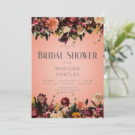 Rustikaler Pfirsichwein und Lila Brautparty mit Bl Einladung (Stehend Vorderseite)