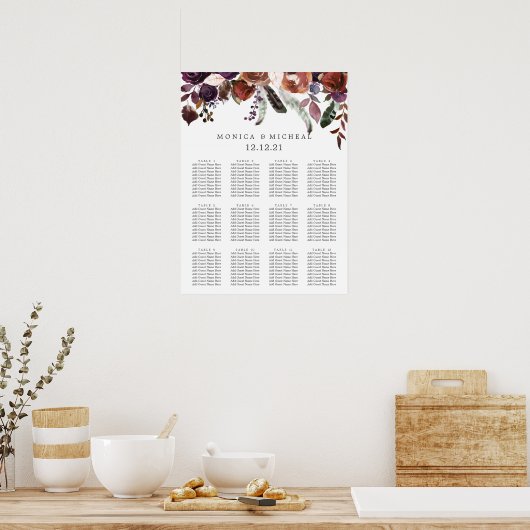 Rustikaler Pflaumen | Blume Feather Wedding Seatin Poster (Küche)
