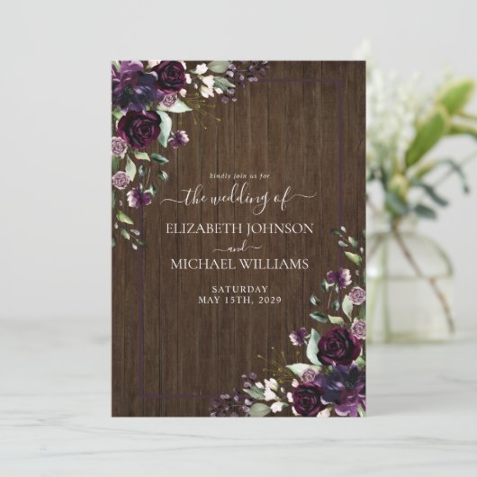 Rustikaler Pflaumenmarmor Lila Einladung (Stehend Vorderseite)