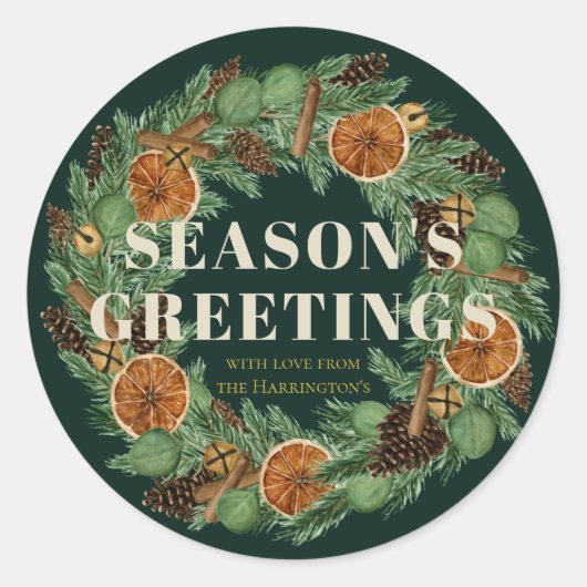 Rustikaler Pine Driving Orange Wreath Green Holida Runder Aufkleber (Vorderseite)