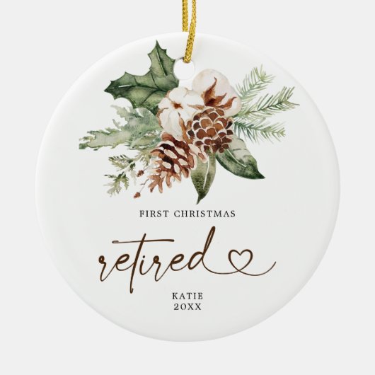 Rustikaler Pine Erster Weihnachtsfeier Keramik Ornament (Vorne)