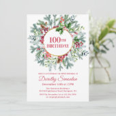 Rustikaler Pine Holly Berry Wreath 100. Geburtstag Einladung (Stehend Vorderseite)