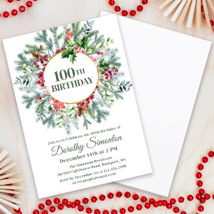 Rustikaler Pine Holly Berry Wreath 100. Geburtstag Einladung