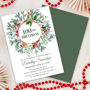 Rustikaler Pine Holly Berry Wreath 100. Geburtstag Einladung