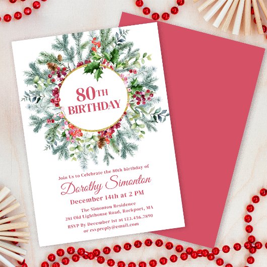 Rustikaler Pine Holly Berry Wreath 80. Geburtstag Einladung