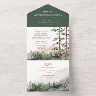 Rustikaler Pine Tree Fog Hochzeit QR Code All In One Einladung