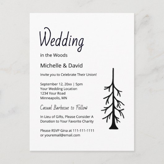 Rustikaler Pine Tree Simple Evergreen Lässig Weddi Einladungspostkarte (Vorderseite)