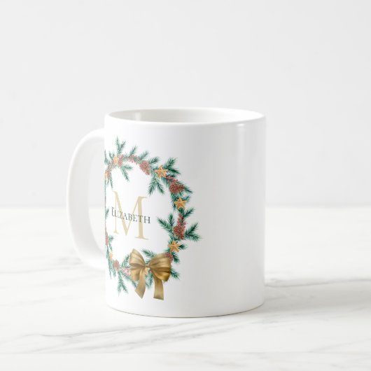 Rustikaler Pinecone | Stars Weihnachtsfeiermongram Kaffeetasse (Vorderseite Links)
