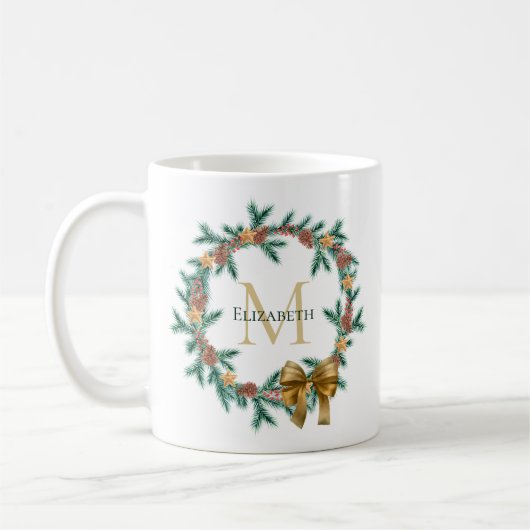 Rustikaler Pinecone | Stars Weihnachtsfeiermongram Kaffeetasse (Links)