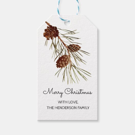 Rustikaler Pinecone Wasserfarbe Frohe Weihnachten Geschenkanhänger (Vorderseite)