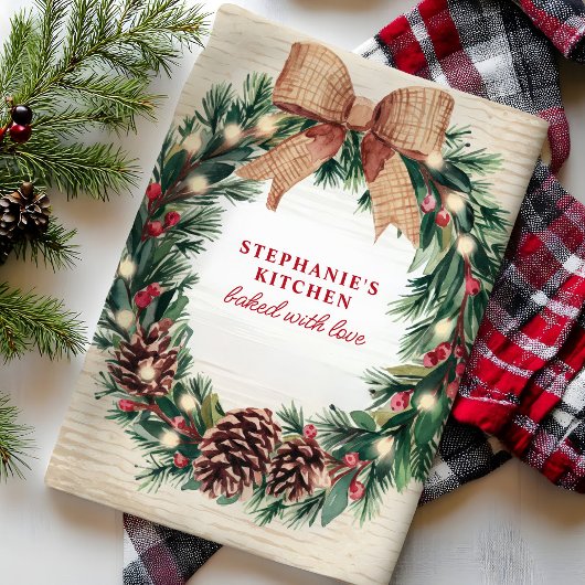 Rustikaler Pinecone Weihnachtskranz Personalisiert Geschirrtuch