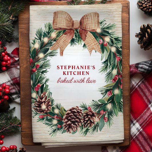 Rustikaler Pinecone Weihnachtskranz Personalisiert Geschirrtuch