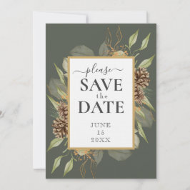 Rustikaler Pineconrahmen auf Moss Green SAVE THE D Einladung