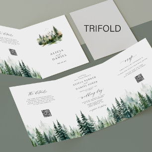 Rustikaler Pinienwald QR-Code Hochzeit Dreifach Gefaltete Einladung