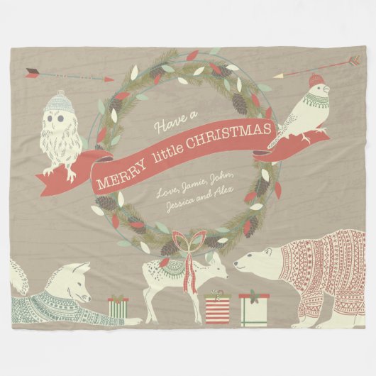 Rustikaler Polar Bär Fawn Fox Weihnachtsmuster Fleecedecke (Vorderseite (Horizontal))