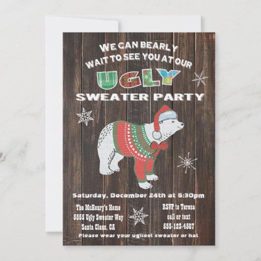 Rustikaler Polarbär Ugly Sweater Party Einladung (Vorderseite)