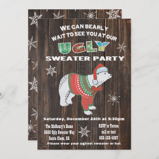 Rustikaler Polarbär Ugly Sweater Party Einladung (Vorne/Hinten)