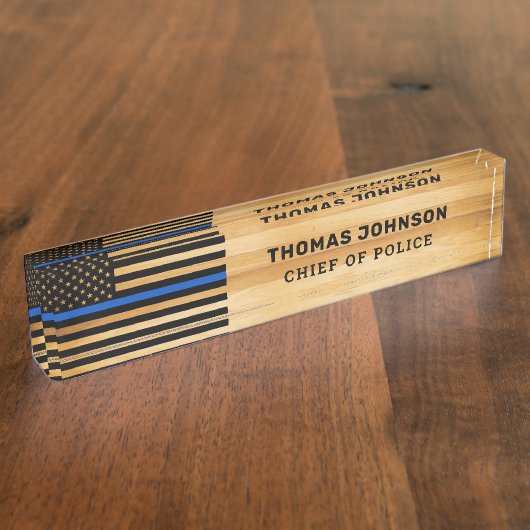 Rustikaler Polizeibeamter Thin Blue Line Flag Holz Namensplakette (Seite)