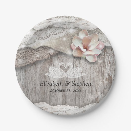 Rustikaler Polterabend aus Holz Burlap Lace Floral Pappteller (Vorderseite)