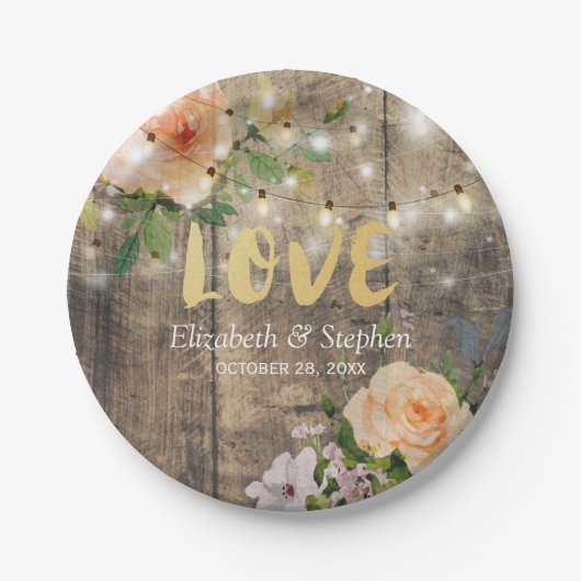 Rustikaler Polterabend aus Holzblumen Pappteller (Vorderseite)