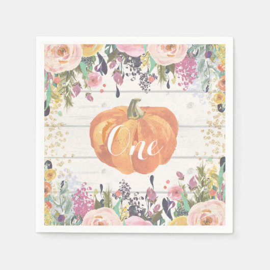 Rustikaler Pumpkin Erster Geburtstag Blumengold Gl Serviette (Vorderseite)