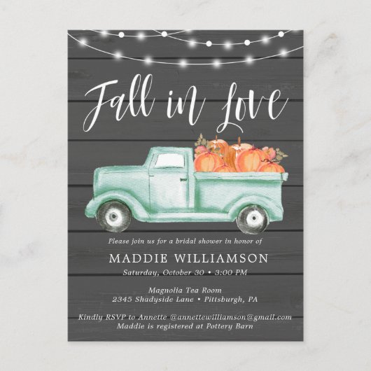 Rustikaler Pumpkin Fall Liebe Brautparty laden ein Einladungspostkarte (Vorderseite)