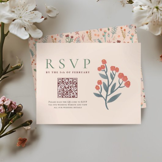 Rustikaler QR-Code Boho-Wildblumen Hochzeit RSVP