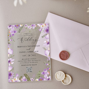Rustikaler QR Code Purple Flowers Hochzeit Acryleinladungen