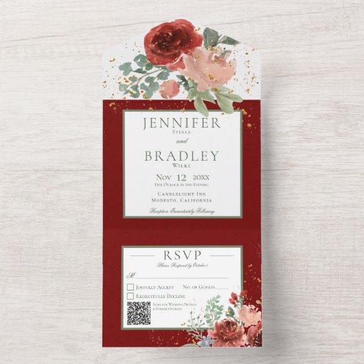 Rustikaler QR-Code Rosa und Gold Floral All In One Einladung (Innen Boden)