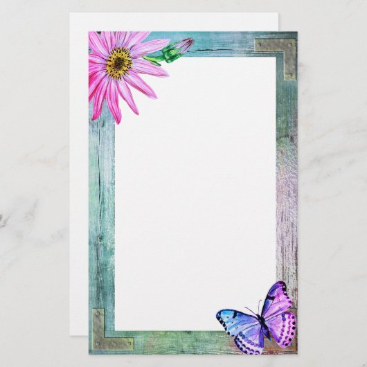 Rustikaler Rahmen mit Blume und Schmetterling Briefpapier (Vorne/Hinten)