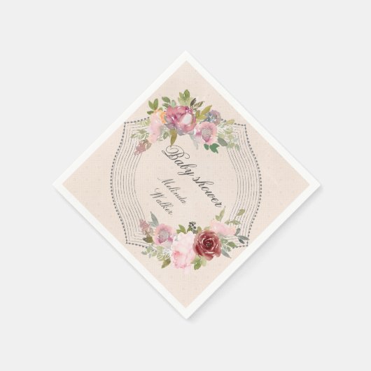 rustikaler Rahmen rosa bordeauxrote Babydusche Serviette (Ecke)