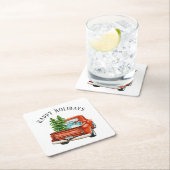 Rustikaler Red Truck Happy Holidays Weihnachtsbaum Rechteckiger Pappuntersetzer (Vor Ort)