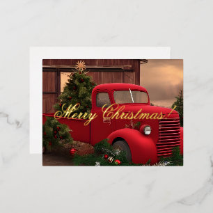 Rustikaler Red Truck und Baumweihnachtkarte Folien Feiertagspostkarte