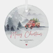 Rustikaler Red Truck Weihnachten Personalisiert Ornament Aus Glas (Vorderseite)