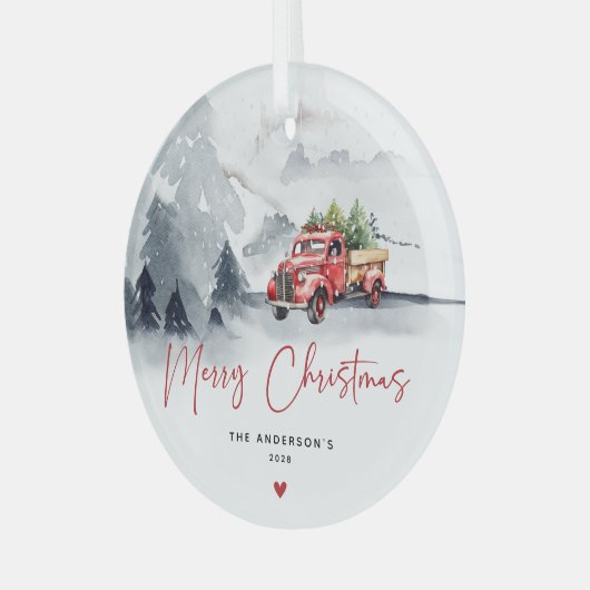 Rustikaler Red Truck Weihnachten Personalisiert Ornament Aus Glas (Vorderseite links)