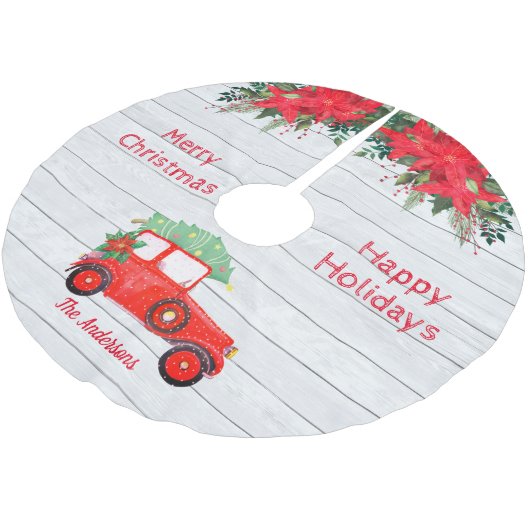 Rustikaler Red Truck White Wood Weihnachtsbaumrock Polyester Weihnachtsbaumdecke (Schrägansicht)