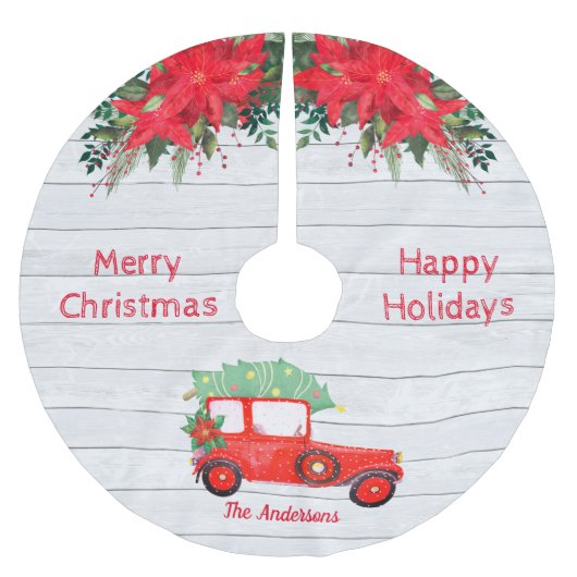 Rustikaler Red Truck White Wood Weihnachtsbaumrock Polyester Weihnachtsbaumdecke (Vorderseite)