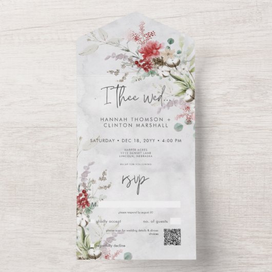 Rustikaler Red Winter Berries & Boho Cotton QR Cod All In One Einladung (Innen Boden)