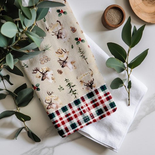 Rustikaler Rentierbaum Familienname Monogram Geschirrtuch