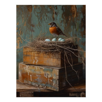 Rustikaler Robin und Nest Decoupage Poster