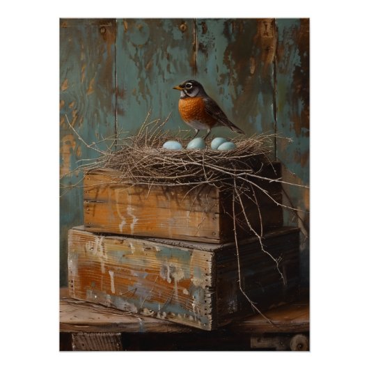 Rustikaler Robin und Nest Decoupage Poster (Vorderseite)
