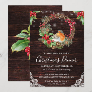 Rustikaler Robin und Weihnachtslorbeerkranz Einladung