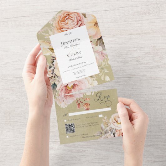 Rustikaler Romantischer Rosa- und Blütencode Rose  All In One Einladung (Abreißen)