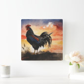 Rustikaler Rooster-Sonnenaufgang Quadratische Wanduhr (Zuhause)
