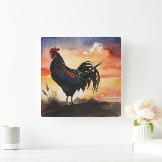 Rustikaler Rooster-Sonnenaufgang Quadratische Wanduhr (Zuhause)