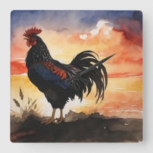 Rustikaler Rooster-Sonnenaufgang Quadratische Wanduhr