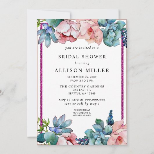 Rustikaler rosa Glitzer Botanisches Brautparty Einladung (Vorderseite)