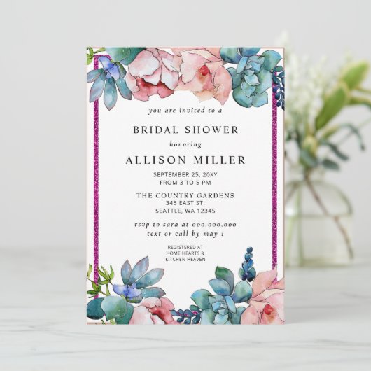 Rustikaler rosa Glitzer Botanisches Brautparty Einladung (Stehend Vorderseite)