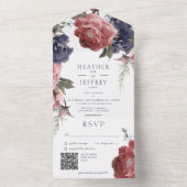 Rustikaler rosa und blaue Peonies Weißer QR-Code All In One Einladung (Innen Boden)
